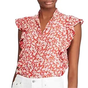 Lauren Ralph Lauren Flutter Sleeve Blouse Women’s Size Medium Red & White Floral